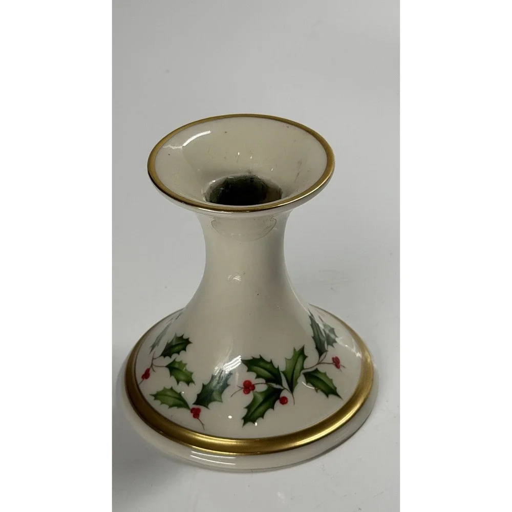 Lenox Holiday Taper Candle Holder Ivory Porcelain Holly Berries Gold Trim USA